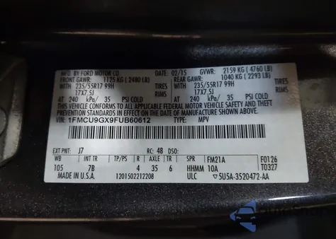 2015 Ford Escape Se from USA, damaged, VIN 1FMCU9GX9FUB60612